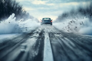 a car drives fast on a winter slippery road creating a whirlwind of snow, the concept of safety on a slippery road - obrazy, fototapety, plakaty