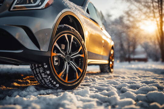 a car wheels on the background of a winter road and a beautiful landscape, a snow-covered forest, a concept of traffic safety on a slippery road