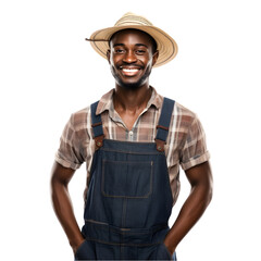 Cheerful mature Afro American farmer man posing and smiling at camera, worker in an hat png format on transparent background Fictional Person, Generative AI