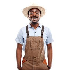 Cheerful mature Afro American farmer man posing and smiling at camera, worker in an hat png format on transparent background Fictional Person, Generative AI