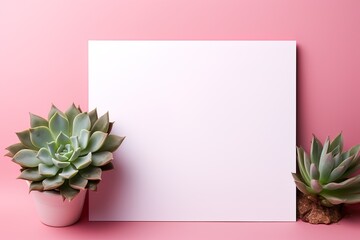 mockup white blank paper sheet with succulent in pot top view on pink background, template empty card flat lay for design with copy space - obrazy, fototapety, plakaty