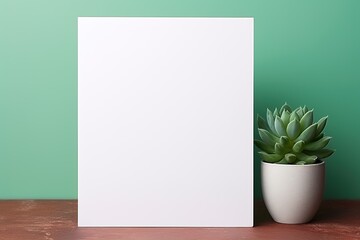 mockup white blank paper sheet with succulent on green background, template empty card for design with copy space