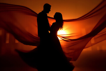 silhouette of a loving dancing couple against the backdrop of sunset, lovers perform a passionate dance against the backdrop of the sunset sky and sea,