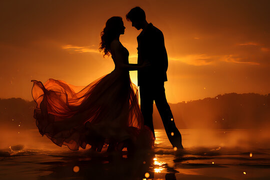 silhouette of a loving dancing couple against the backdrop of sunset, lovers perform a passionate dance against the backdrop of the sunset sky and sea,