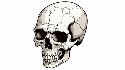 Vector isolated one single simplest smiling cracked skull with a crack dead head isometric side view colorless black and white contour line easy drawing 