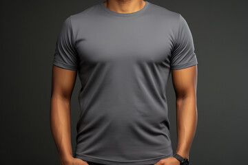 Young african american man wearing a gray casual t-shirt. Mock up template for a t-shirt design print. Generative AI.