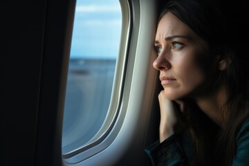 Close-up capturing the anxiety on a woman's face as she grapples with the fear of flying, encapsulated within the confines of a passenger plane