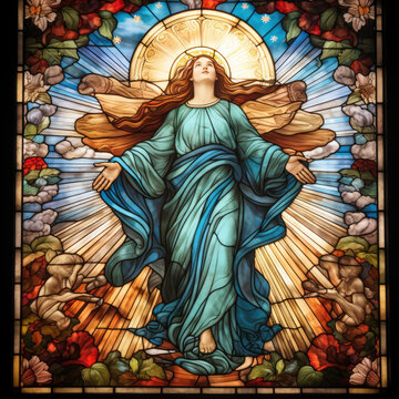 Colorful Stained Glass Window of the Virgin Mary