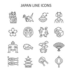 Japan line icon set. Japanese traditional vector sign with sakura, origami, maneki neko cat, daruma, koi fish, sushi, pagoda, sumo wrestler, geisha. - obrazy, fototapety, plakaty
