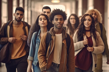 Multiracial students are walking in university hall during break. - obrazy, fototapety, plakaty