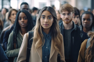 Obraz premium Group of male and female multiehnic students standing in crowd in hall of big university. Group of attractive young students standing in university.