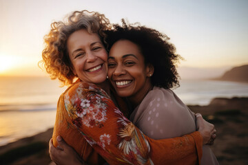 Caucasian friends adult women hugging each other during walking sunset at beach ocean. Friends or lesbian couple happy together. LGBT love friendship, family vacation, sisters together - obrazy, fototapety, plakaty