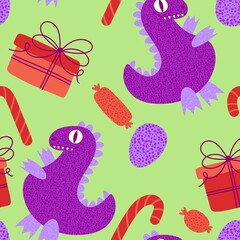 Christmas tree seamless dragon and gift box and balls and penguin pattern for wrapping paper and fabrics