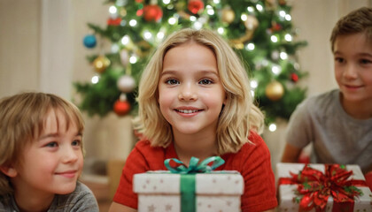 Fototapeta na wymiar blonde caucasian siblings by Christmas tree, presents, joyful, loved, togetherness, family, cute, sweet, children toddlers, 7 or 8 years old