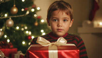 little caucasian boy by Christmas tree, big red present, scared, uncomfortable, introverted, shy, Merry Christmas, childhood