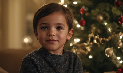 thoughtful or excited little boy on Christmas, in front of tree at home, about 3 or 4 years old, contemplative, dreamy, cute, caucasian brunette