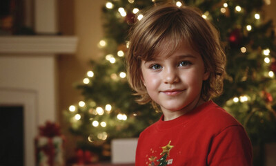 thoughtful or excited little boy on Christmas, in front of tree at home, about 3 or 4 years old, contemplative, dreamy, cute, caucasian brunette