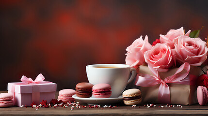 Fototapeta na wymiar romantic background with copy space pink roses, coffee, sweets, table, love