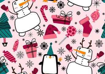 Christmas tree and snowman seamless gift box and gloves and candy and penguin pattern for wrapping paper