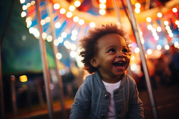 portrait happy black baby playing at the fairground