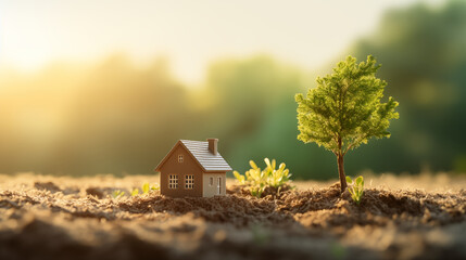 Closed up tiny home model on green grass with sunlight background. - obrazy, fototapety, plakaty