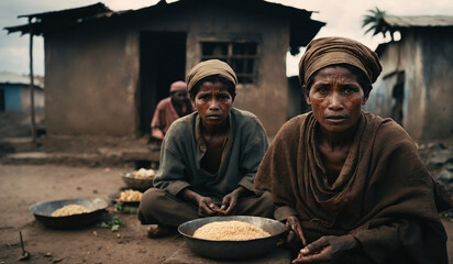 Famine is raging across African countries, and women are suffering the consequences. One of them, holding a plate of empty grains, prays for food to feed her family, standing among the slums - obrazy, fototapety, plakaty
