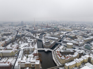 Museums Island covered by snow. Aerial winter cityscape of Museum island, TV Tower and Berlin...