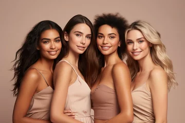 Fotobehang Half-length studio portrait of four cheerful young diverse multiethnic women. Female models smiling at camera while posing together. Diversity, beauty, friendship concept. Beige monochrome background. © Georgii