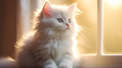 cute cat in the rays of sunlight in the interior of a cozy apartment, spring sunny mood
