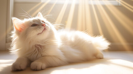 cute cat in the rays of sunlight in the interior of a cozy apartment, spring sunny mood - obrazy, fototapety, plakaty