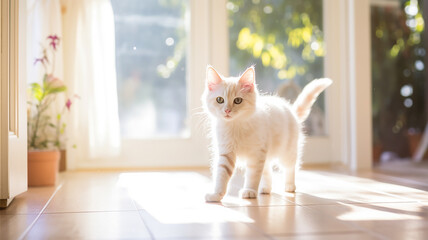 cute cat in the rays of sunlight in the interior of a cozy apartment, spring sunny mood