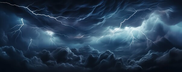 Vector realistic stormy clouds with lightning effects isolated on dark background  - obrazy, fototapety, plakaty