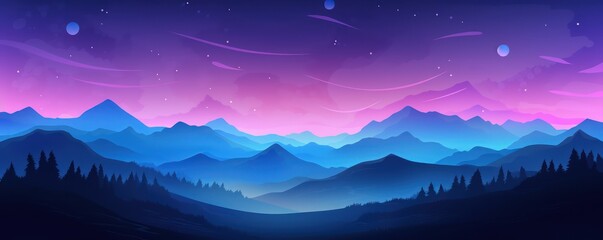 Blue and purple landscape with silhouettes of mountains, hills and forest and stars in the sky 