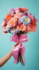 A Captivating Moment as a Man's Arm Presents a Vibrant Valentine's Day Bouquet to His Girlfriend, Isolated on a Colorful Background