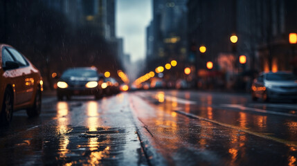 Traffic on city streets at dusk in the rain blurred background - obrazy, fototapety, plakaty