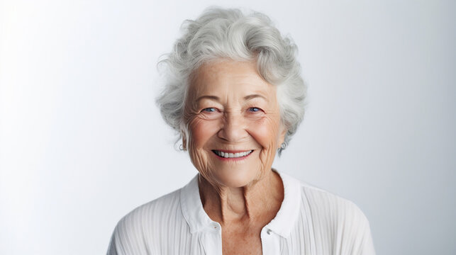 Portrait of a happy elderly senior woman looking at the camera on a white bright blurred studio background