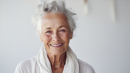 Portrait of a happy elderly senior woman looking at the camera on a white bright blurred studio background - obrazy, fototapety, plakaty
