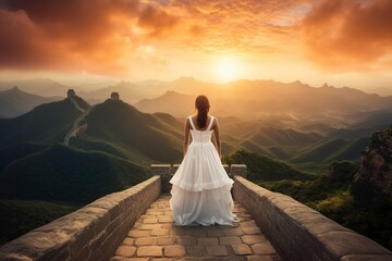 woman with her back turned contemplating the majesty of the Great Wall of China - obrazy, fototapety, plakaty