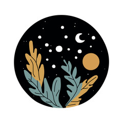 Color abstract plants, moon and stars on round black night background. Vector illustration.