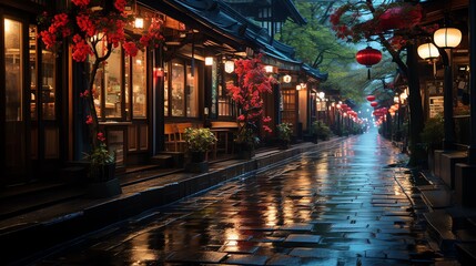Fototapeta na wymiar Serene Night Scene on a Rainy Traditional Street