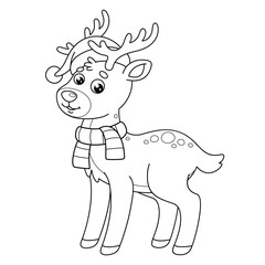 Isolated outline Christmas reindeer in Xmas hat of Santa and scarf. Page of the kids coloring book. Color the contour cute New Year deer. Black and white vector funny animal for winter holiday design.