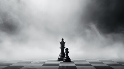 Fototapeta premium chess, the concept of strategic management, leadership, business team, decision-making, a group of chess-like figures in a fog of uncertainty, fictional figures