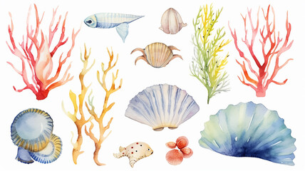 watercolor illustration collection underwater world of fish and corals isolated on a white background - obrazy, fototapety, plakaty