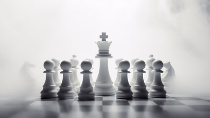 a group of chess-like figures on a white background of fog and smoke, the concept of strategy decision-making, business tactics. fictional chess pieces - obrazy, fototapety, plakaty