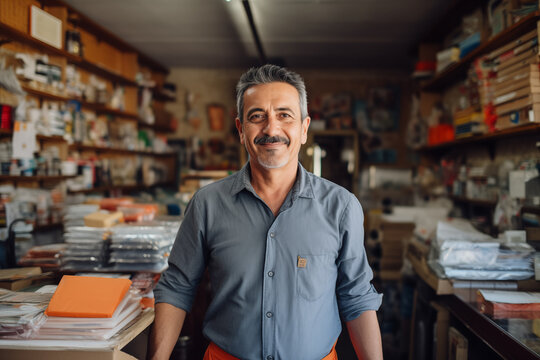 Retrato de hombre trabajador de pie en la tienda y mirando a la c&aacute;mara