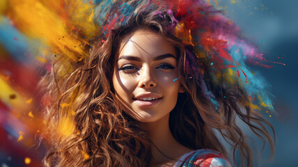 Fototapeta premium Holi, festival of colors is a popular Hindu spring festival vibrant celebration of joy cultural richness lively music, and spirited dance emotion happy playful India banner copy space greeting card.