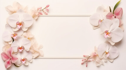 Fototapeta na wymiar Rectangular frame with white orchid flowers, pastel colors