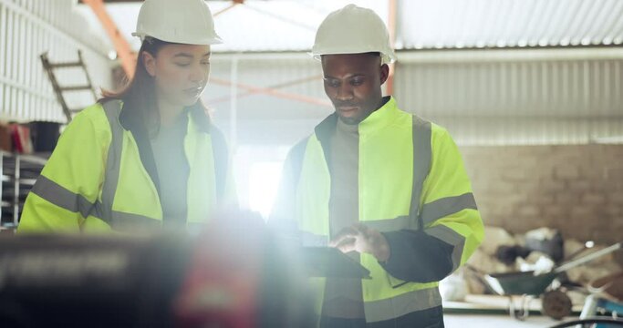 Teamwork, tablet and engineer people in a warehouse for planning or discussion. Diversity, communication and a construction worker team together in a plant or factory for professional manufacturing