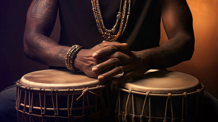 A man's hands and an ethnic percussion musical instrument jembe. Drummer playing african music