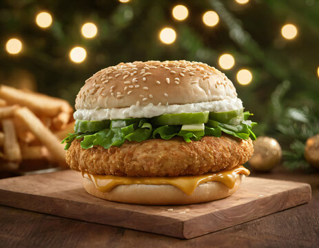 Christmas McChicken on a Wooden Board.